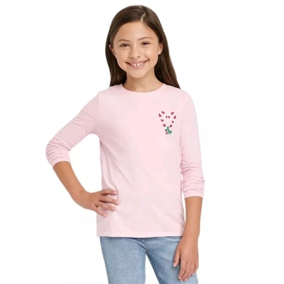 Cat & Jack Candy Cane Heart Long Sleeve Christmas Holiday Shirt - Soft Pink - Picture 1 of 6
